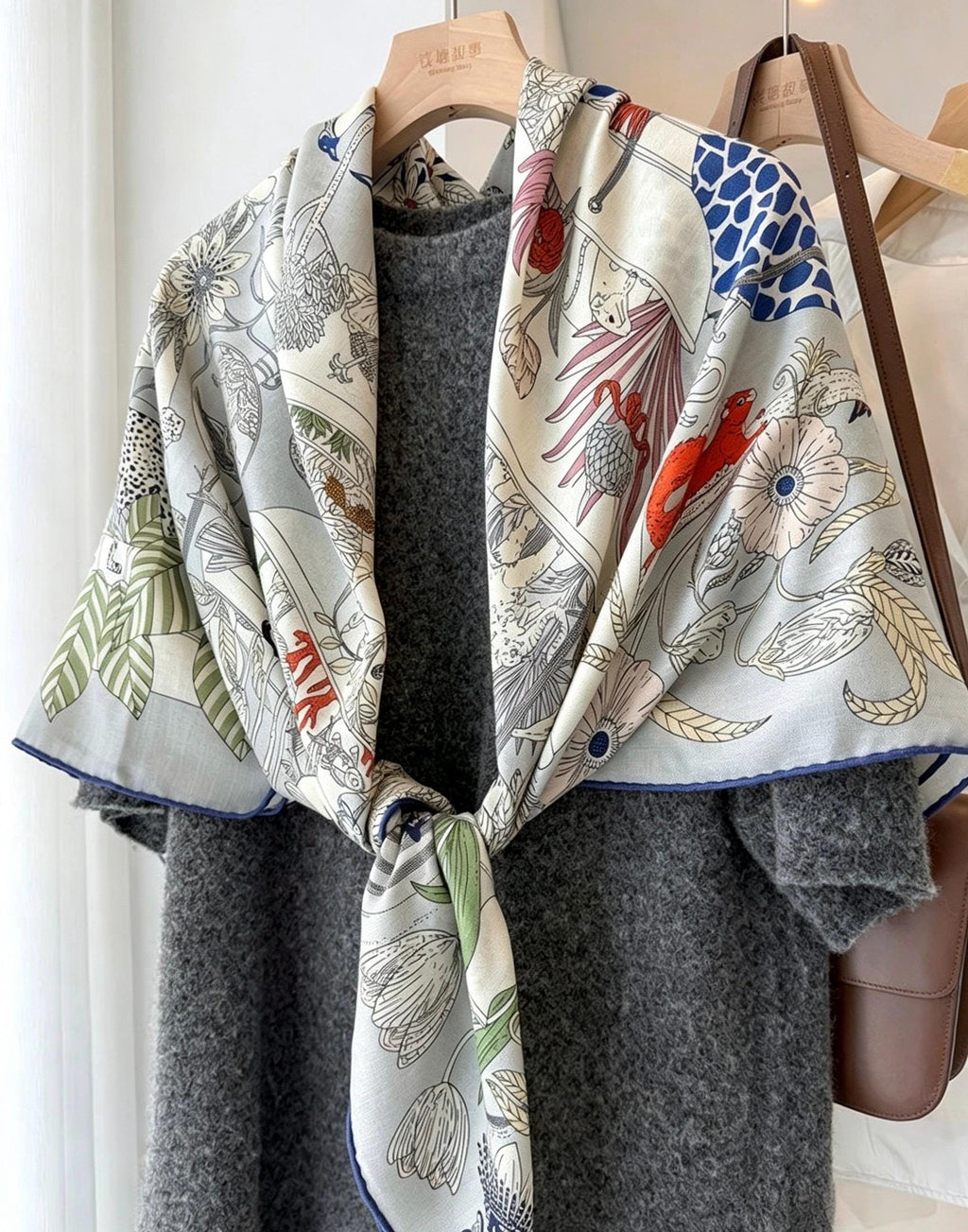Silk Wool Scarf 53"x53" 135x135cm, Muted Dust Blue Exotic Paradise Silk Wool Square Scarf, Winter Soft Shawl Wrap, Gift for Her