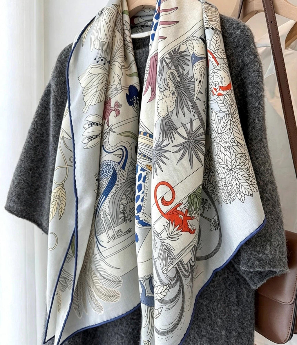 Silk Wool Scarf 53"x53" 135x135cm, Muted Dust Blue Exotic Paradise Silk Wool Square Scarf, Winter Soft Shawl Wrap, Gift for Her