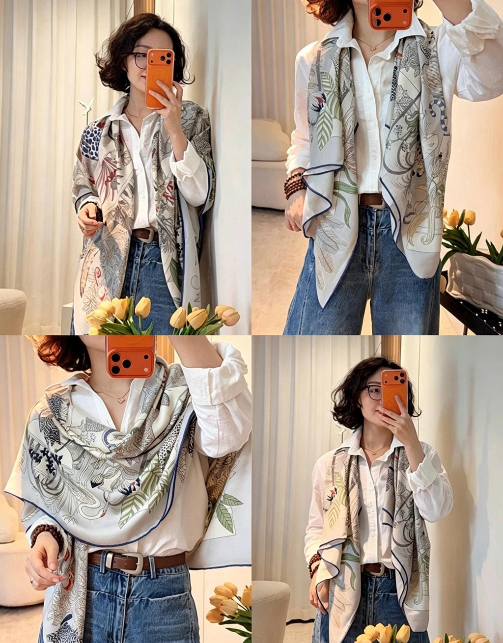 Silk Wool Scarf 53"x53" 135x135cm, Muted Dust Blue Exotic Paradise Silk Wool Square Scarf, Winter Soft Shawl Wrap, Gift for Her