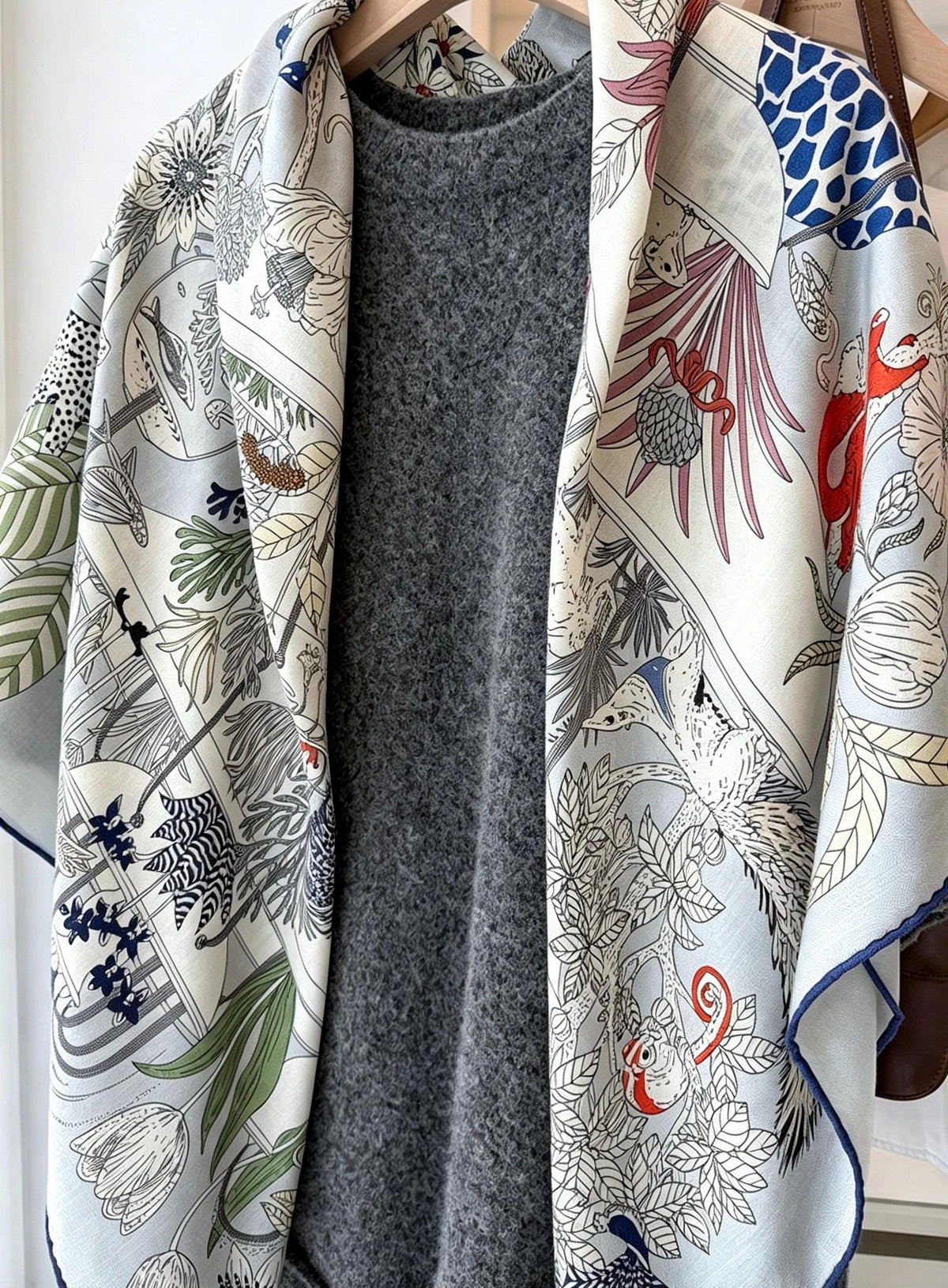 Silk Wool Scarf 53"x53" 135x135cm, Muted Dust Blue Exotic Paradise Silk Wool Square Scarf, Winter Soft Shawl Wrap, Gift for Her