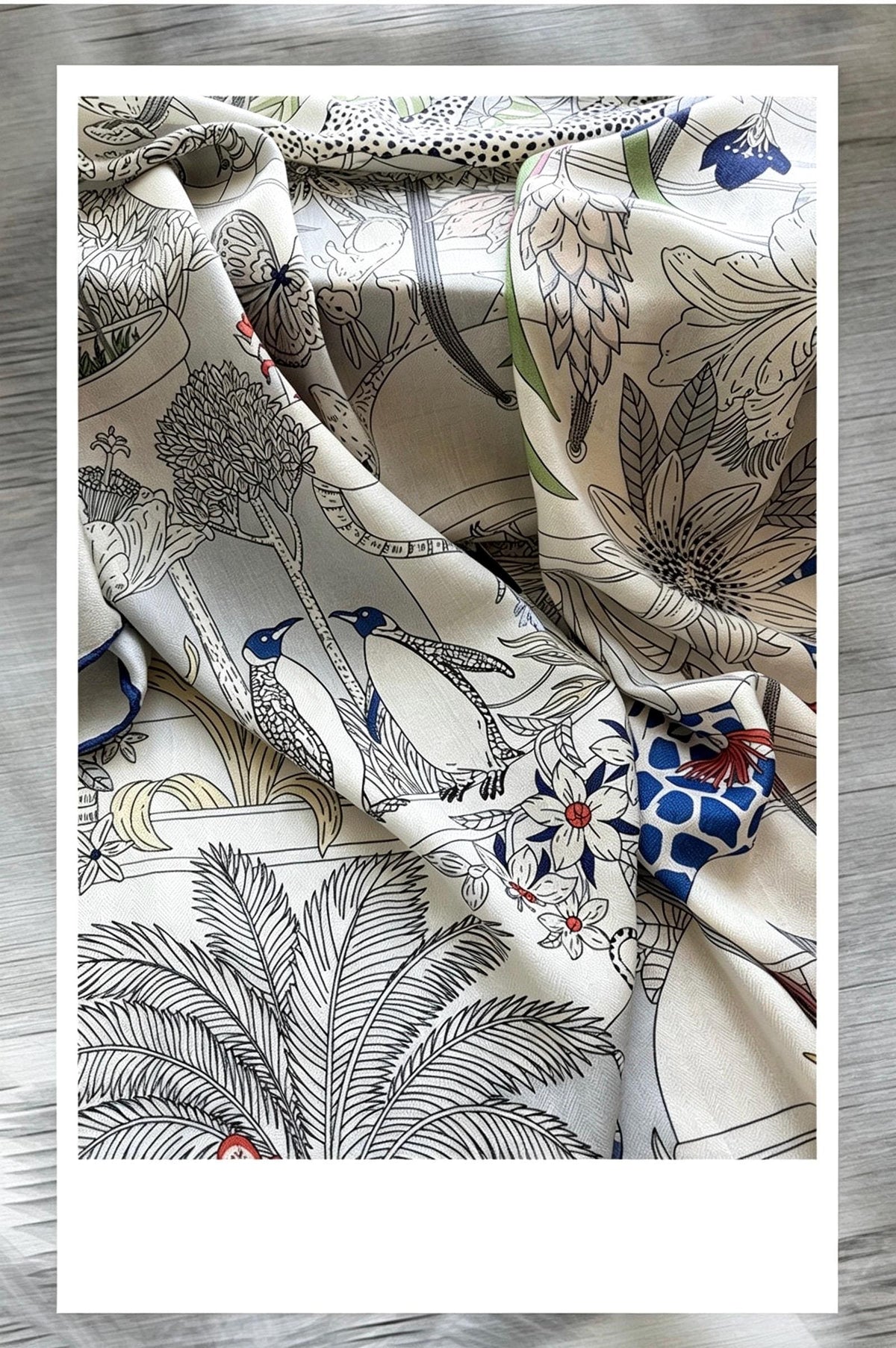 Silk Wool Scarf 53"x53" 135x135cm, Muted Dust Blue Exotic Paradise Silk Wool Square Scarf, Winter Soft Shawl Wrap, Gift for Her