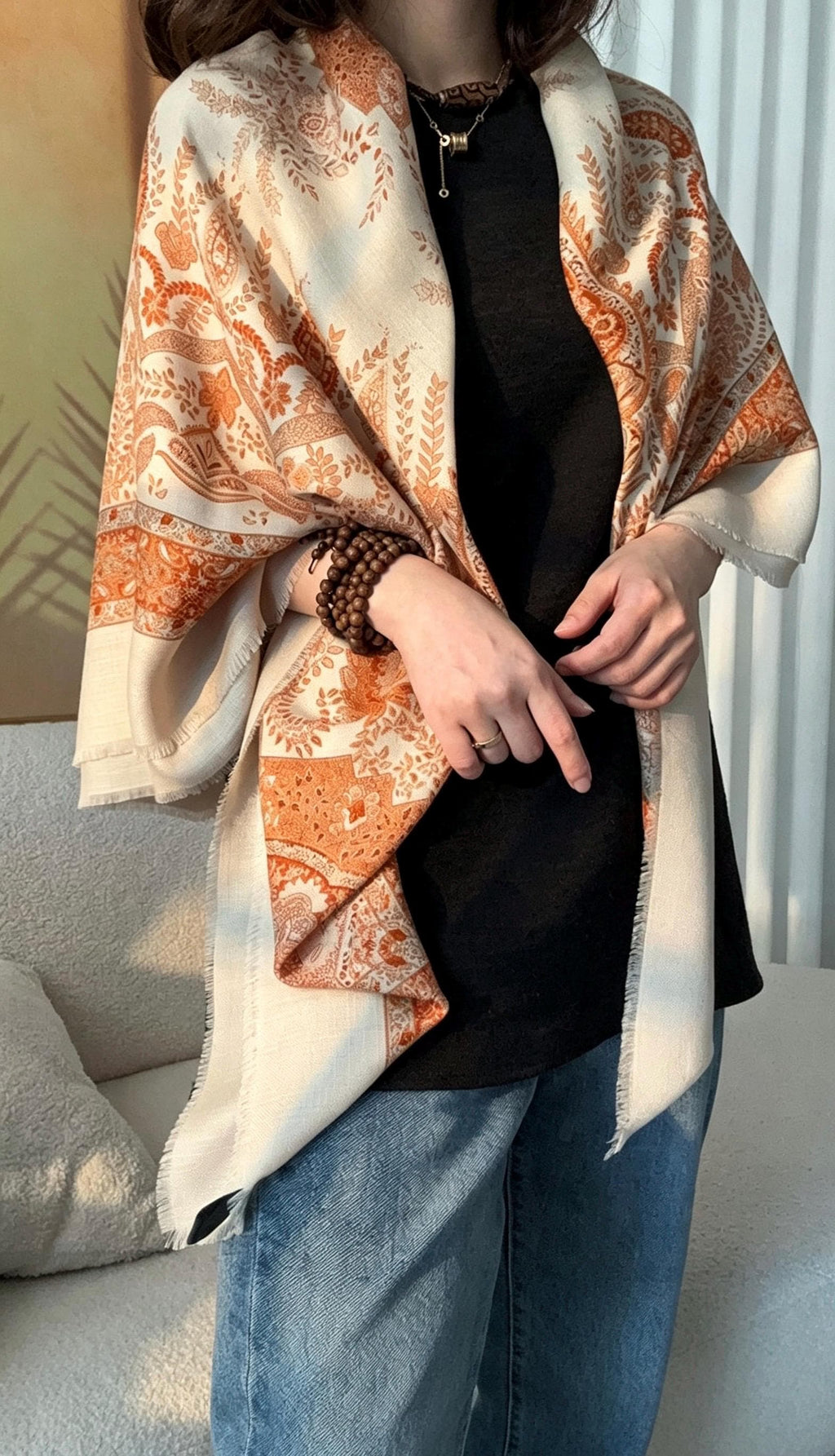 Silk Wool Scarf 53"x53" 135x135cm, Classic Paisley 2-in-1 Silk Wool Square Scarf Shawl, Winter Soft Dual-Use Wrap, Gift for Her
