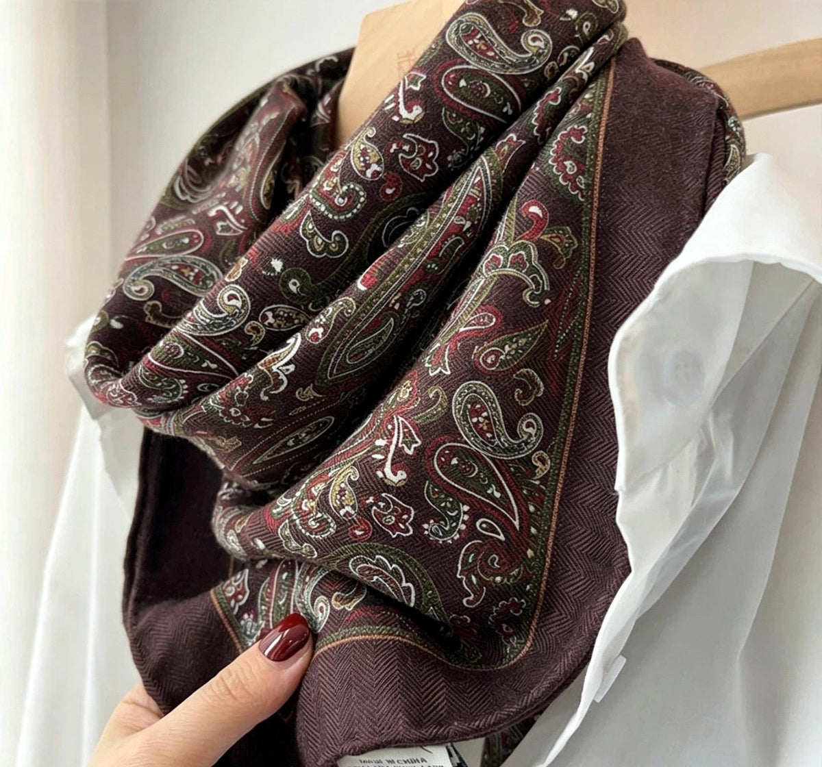 Silk Wool Scarf 35"x35" 88x88cm, Paisley Maillard Brown Silk Wool Square Scarf, Vintage Winter Shawl Wrap, Elegant Gift for Her