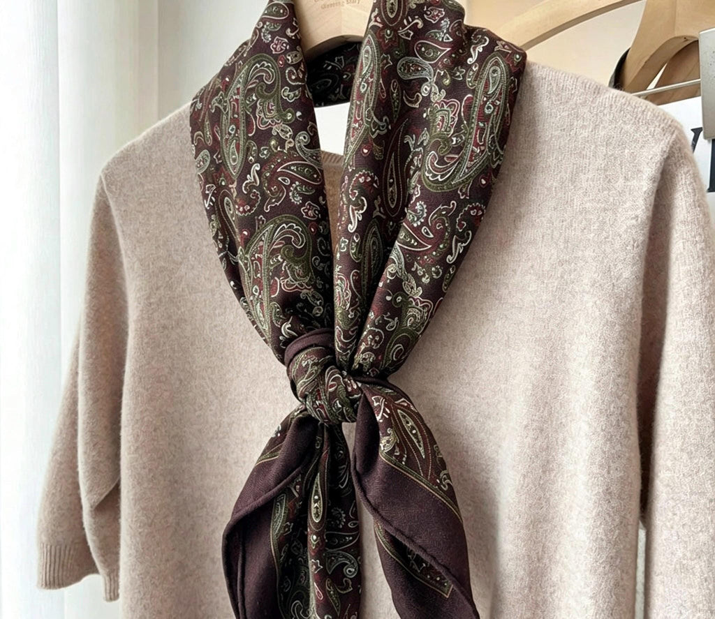 Silk Wool Scarf 35"x35" 88x88cm, Paisley Maillard Brown Silk Wool Square Scarf, Vintage Winter Shawl Wrap, Elegant Gift for Her