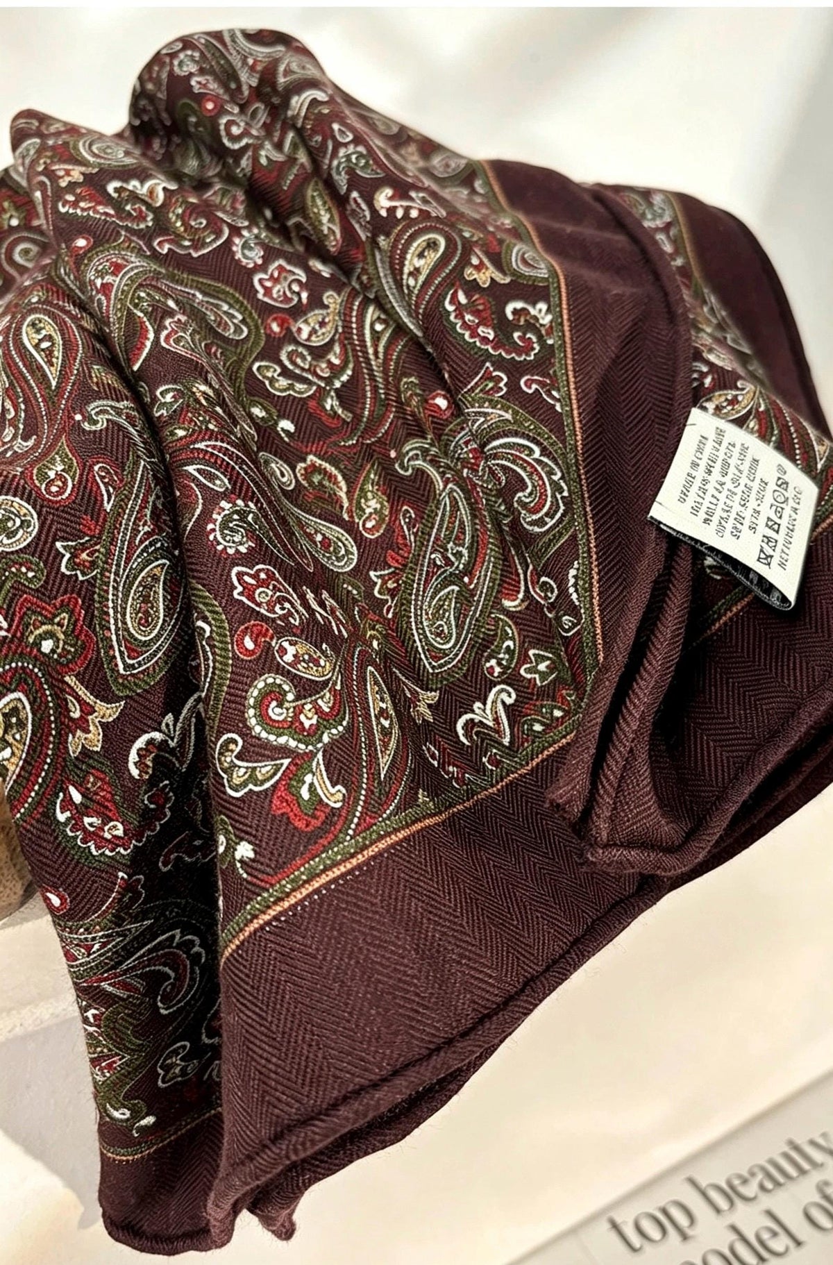 Silk Wool Scarf 35"x35" 88x88cm, Paisley Maillard Brown Silk Wool Square Scarf, Vintage Winter Shawl Wrap, Elegant Gift for Her
