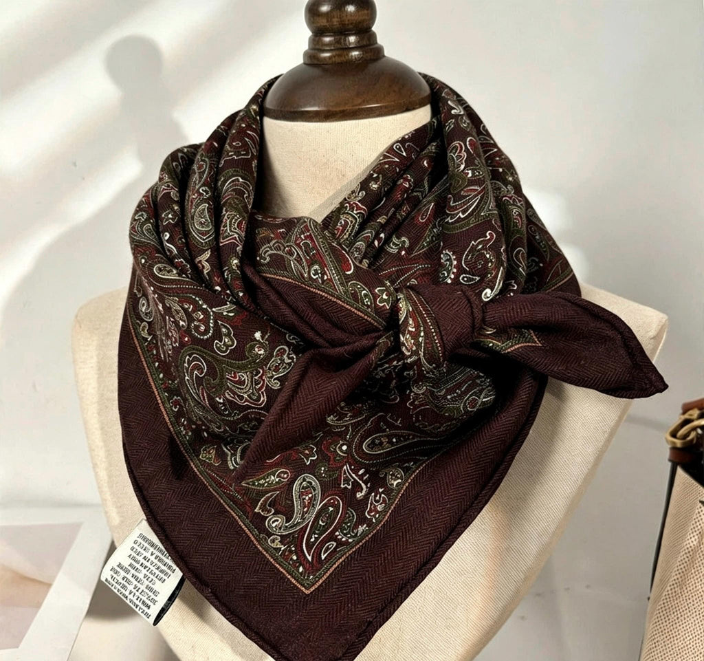 Silk Wool Scarf 35"x35" 88x88cm, Paisley Maillard Brown Silk Wool Square Scarf, Vintage Winter Shawl Wrap, Elegant Gift for Her