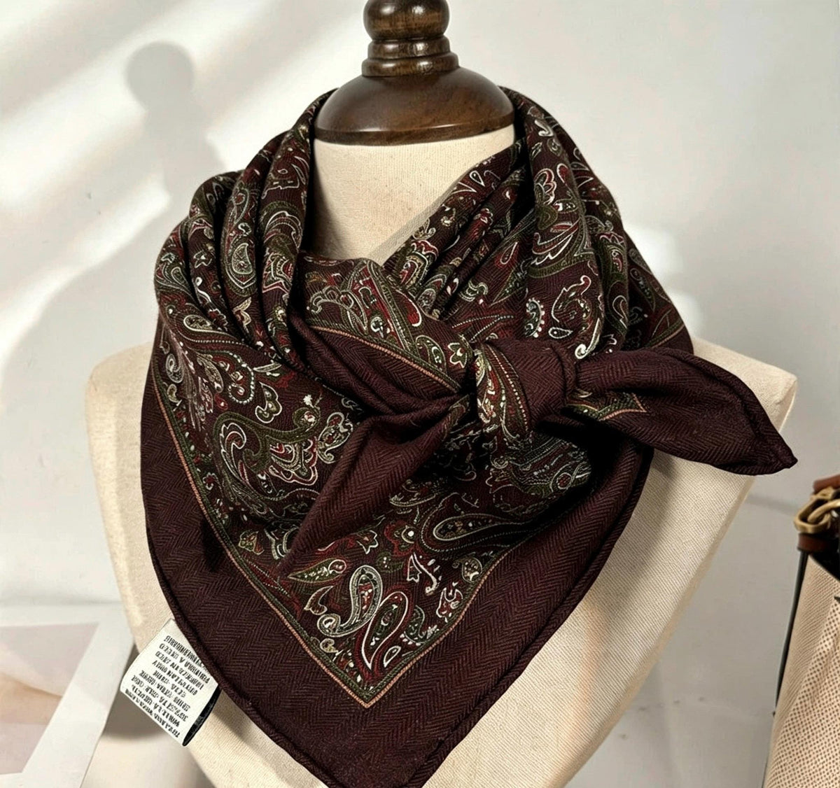 Silk Wool Scarf 35"x35" 88x88cm, Paisley Maillard Brown Silk Wool Square Scarf, Vintage Winter Shawl Wrap, Elegant Gift for Her