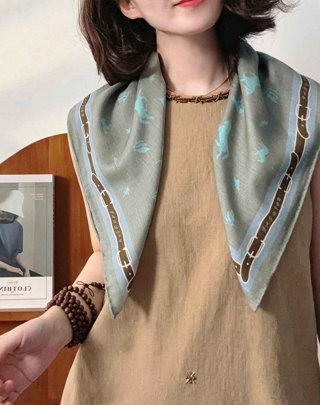 Silk Wool Scarf 35"x35" 88x88cm, Creamy Dust Blue Pony Silk Wool Square Scarf, Multifunctional Soft Shawl Wrap, Gift for Her