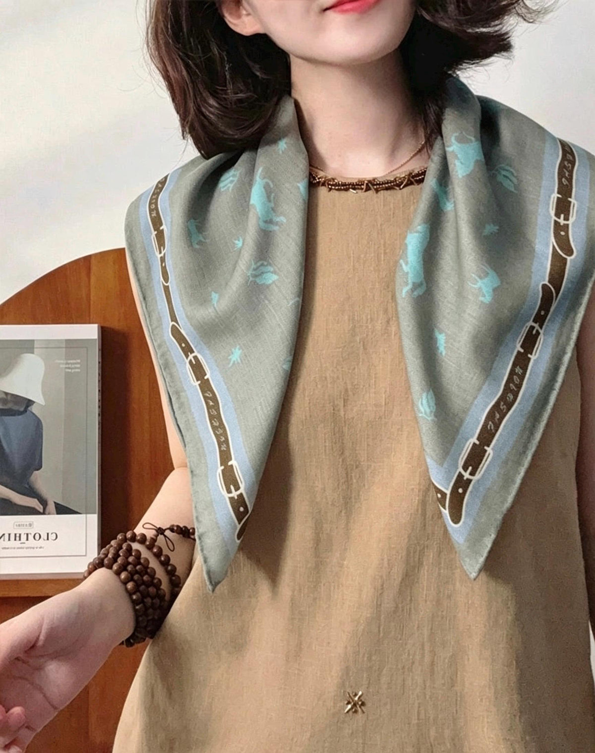 Silk Wool Scarf 35"x35" 88x88cm, Creamy Dust Blue Pony Silk Wool Square Scarf, Multifunctional Soft Shawl Wrap, Gift for Her
