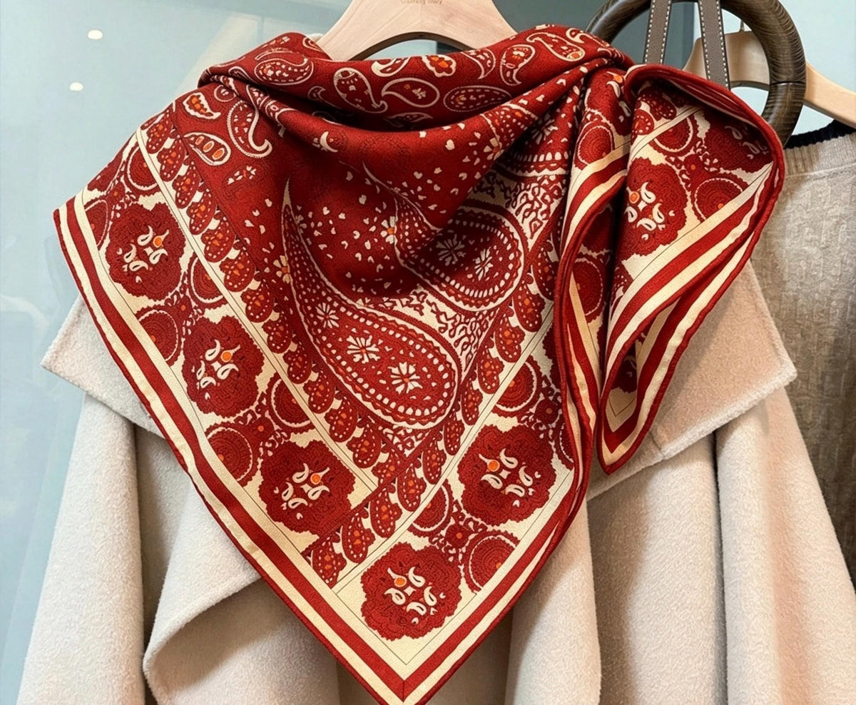 Silk Wool Scarf 35"x35" 88x88cm, Italian Paisley Luxury Silk Wool Square Scarf Shawl for Women