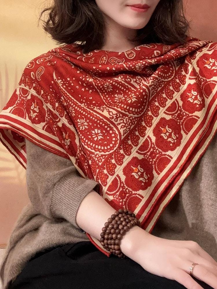 Silk Wool Scarf 35"x35" 88x88cm, Italian Paisley Luxury Silk Wool Square Scarf Shawl for Women