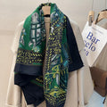 Silk Wool Scarf 53"x53" 135x135cm, Dark Emerald Green Equestrian Horse Silk Wool Square Scarf, Winter Oversized Shawl, Gift for Her