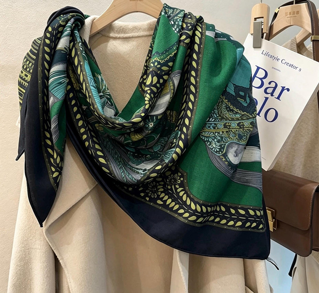 Silk Wool Scarf 53"x53" 135x135cm, Dark Emerald Green Equestrian Horse Silk Wool Square Scarf, Winter Oversized Shawl, Gift for Her