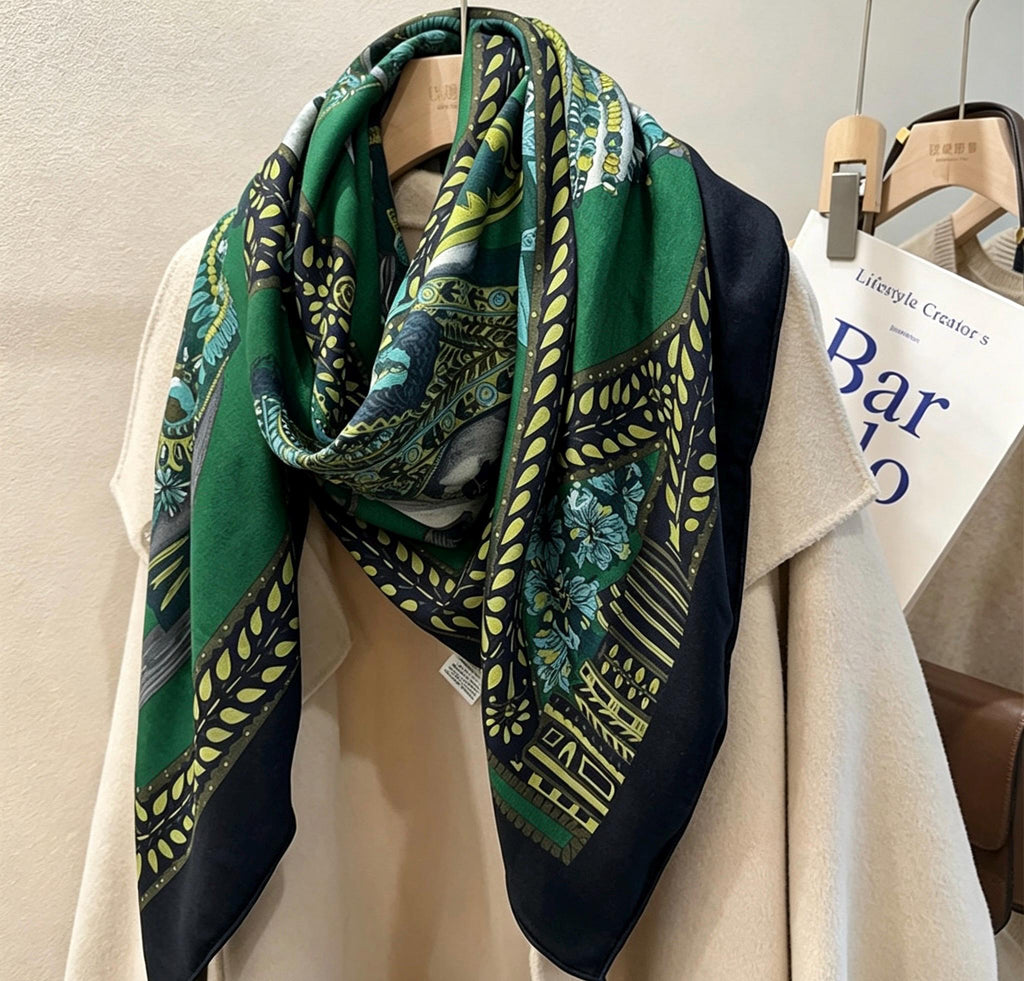 Silk Wool Scarf 53"x53" 135x135cm, Dark Emerald Green Equestrian Horse Silk Wool Square Scarf, Winter Oversized Shawl, Gift for Her