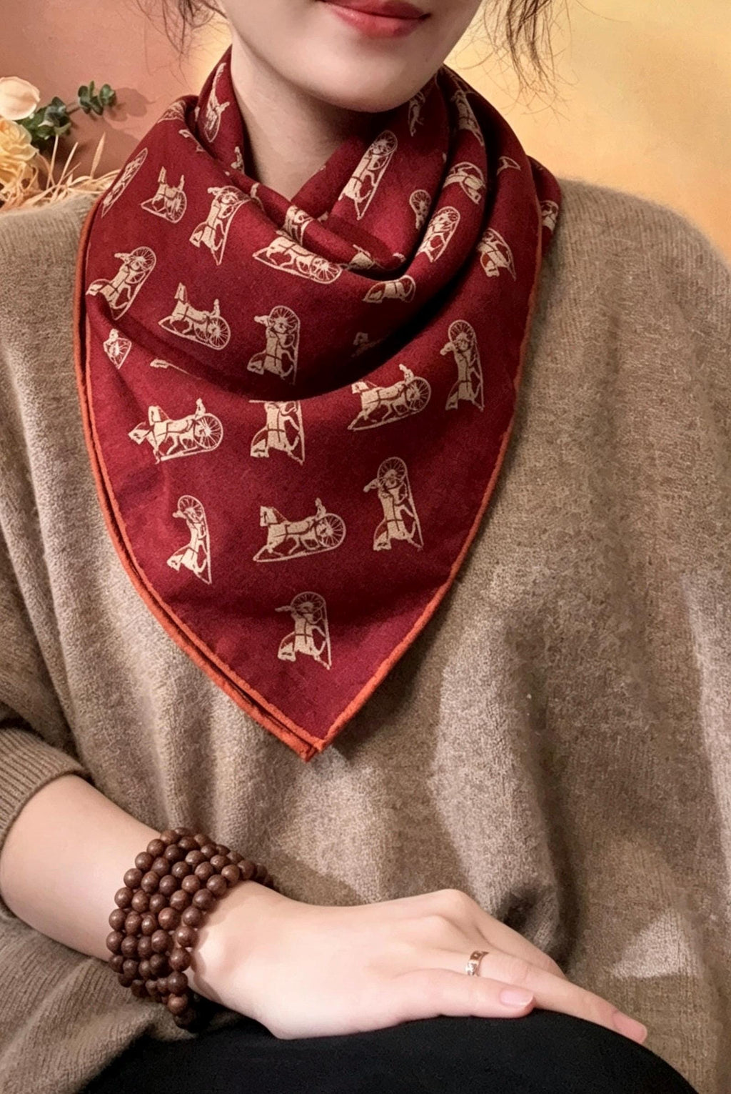 Silk Wool Scarf 35"x35" 88x88cm, Italian Red Black Horse Carriage Silk Wool Square Scarf, Luxury Soft Shawl Wrap, Gift for Her