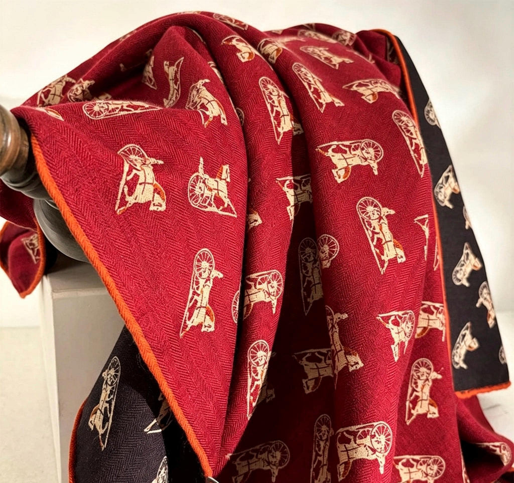 Silk Wool Scarf 35"x35" 88x88cm, Italian Red Black Horse Carriage Silk Wool Square Scarf, Luxury Soft Shawl Wrap, Gift for Her