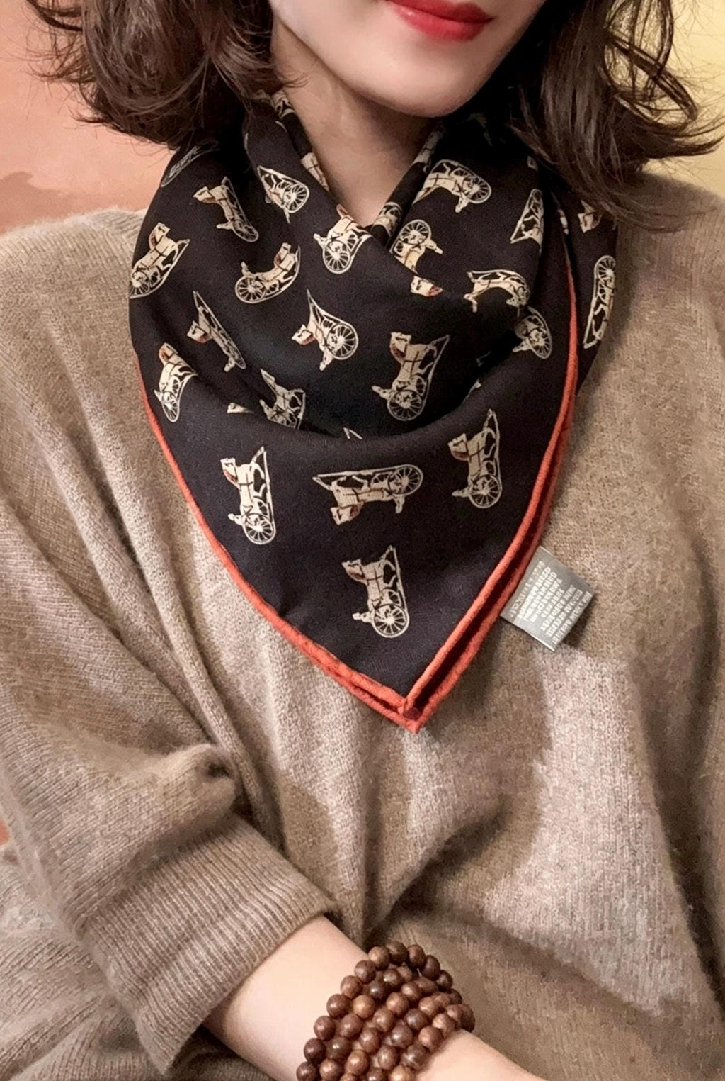 Silk Wool Scarf 35"x35" 88x88cm, Italian Red Black Horse Carriage Silk Wool Square Scarf, Luxury Soft Shawl Wrap, Gift for Her