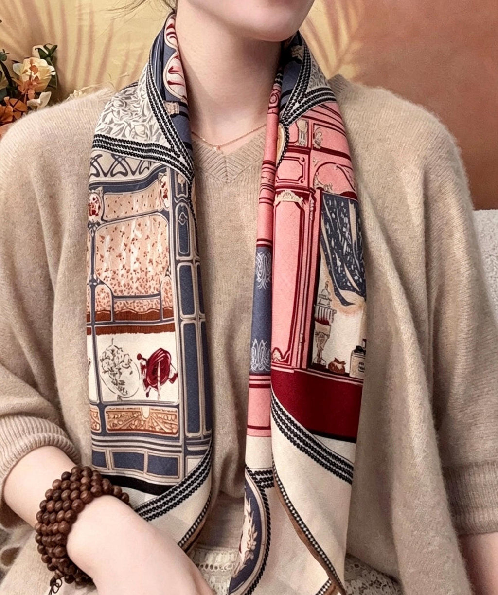 Silk Wool Scarf 35"x35" 88x88cm, Double Sided Fashion Chic Square Scarf Shawl, Lightweight Luxury Silk Wool Wrap, Gift for Her