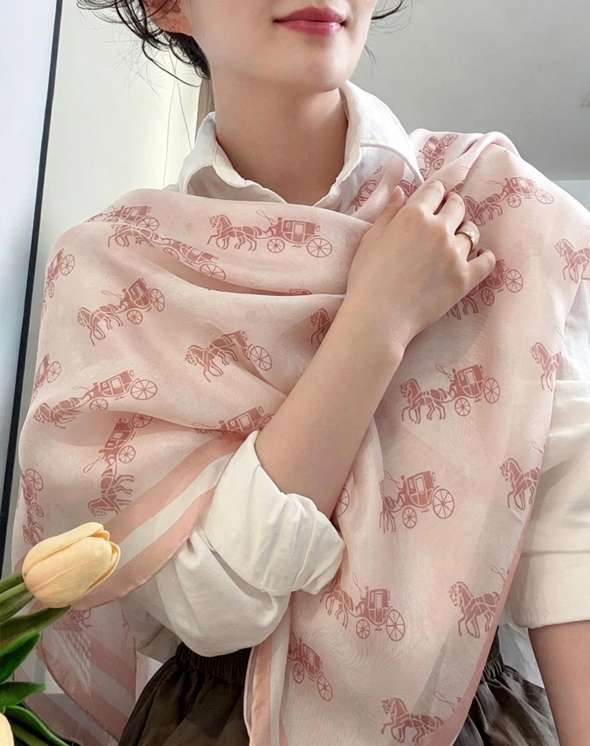 100% Mulberry Silk Scarf 42"x42" 108x108cm, Vintage Haze Blue Horse Carriage Silk Square Scarf, Soft Shawl Wrap, Gift for Her
