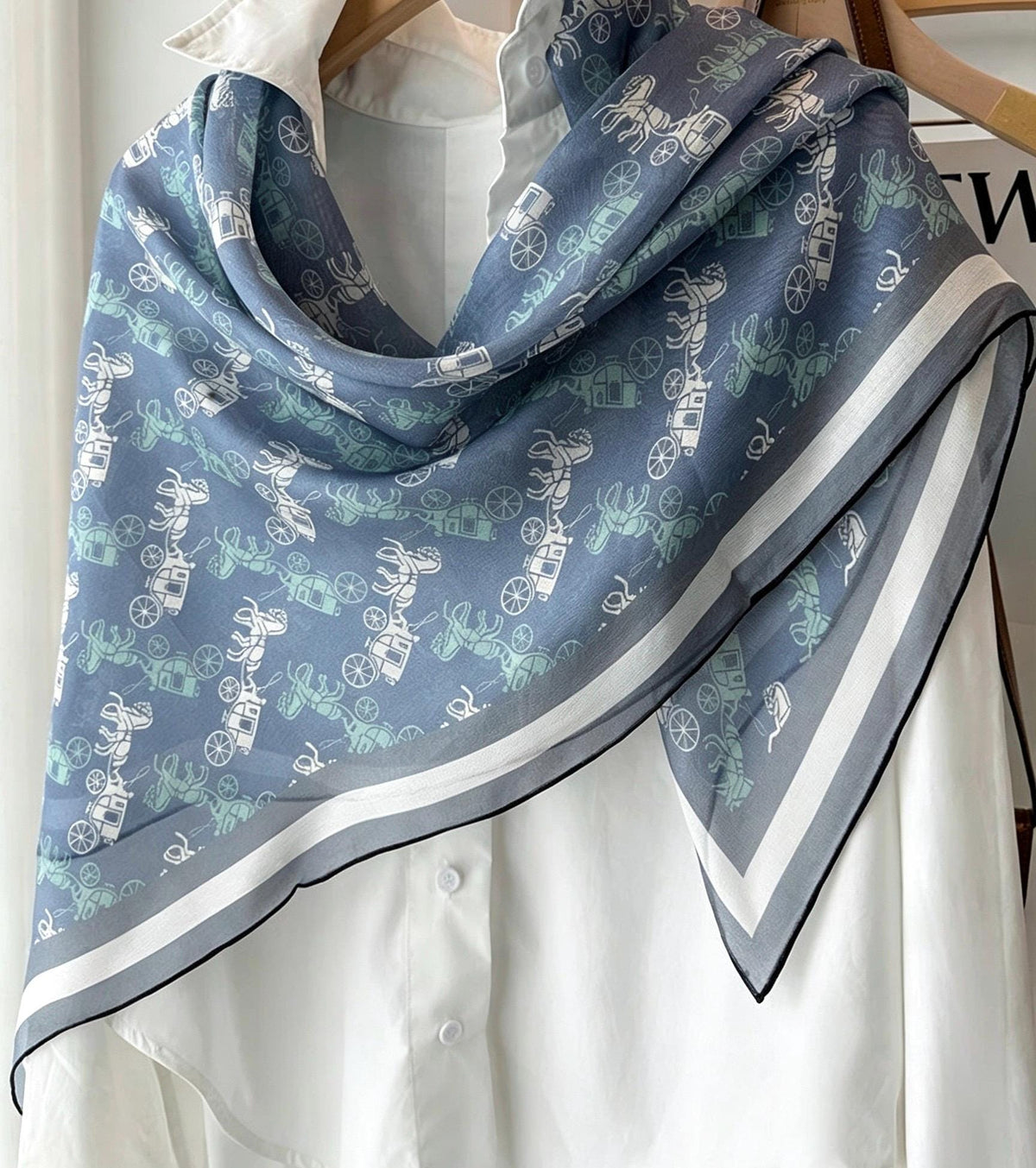 100% Mulberry Silk Scarf 42"x42" 108x108cm, Vintage Haze Blue Horse Carriage Silk Square Scarf, Soft Shawl Wrap, Gift for Her