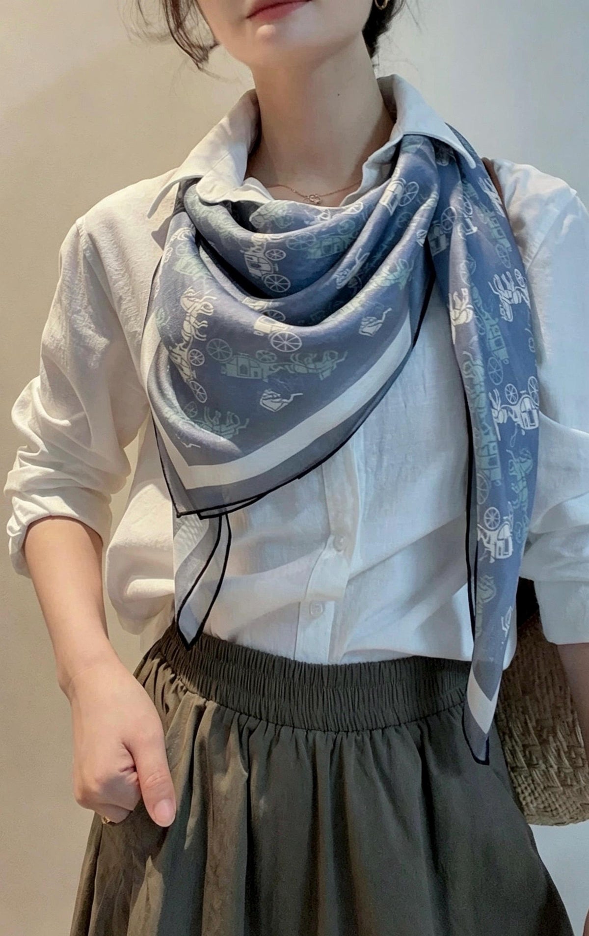 100% Mulberry Silk Scarf 42"x42" 108x108cm, Vintage Haze Blue Horse Carriage Silk Square Scarf, Soft Shawl Wrap, Gift for Her
