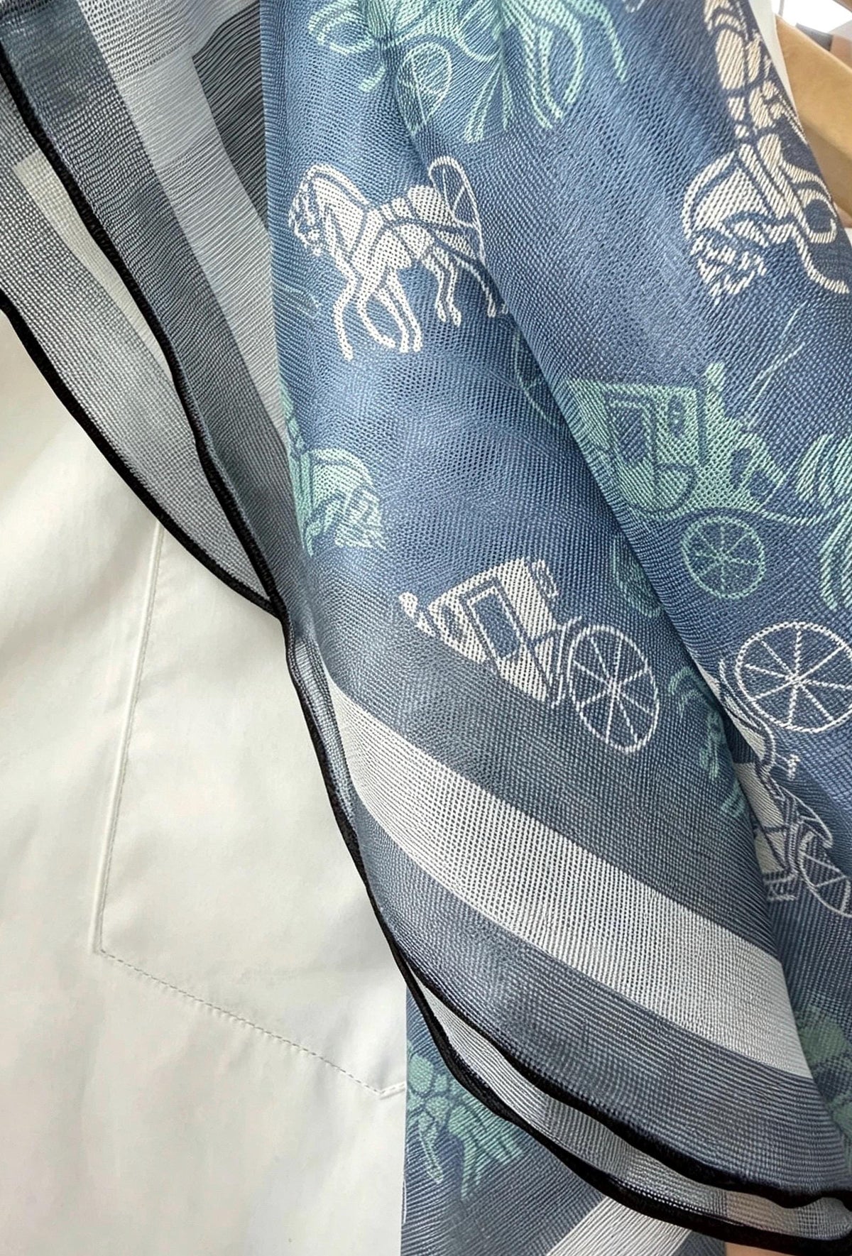 100% Mulberry Silk Scarf 42"x42" 108x108cm, Vintage Haze Blue Horse Carriage Silk Square Scarf, Soft Shawl Wrap, Gift for Her