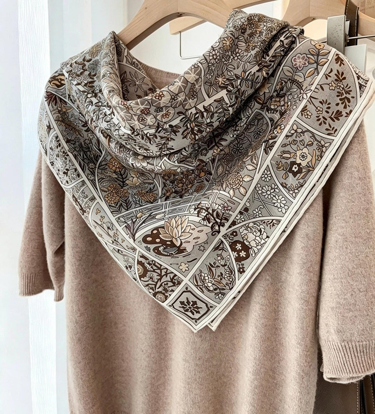 Silk Wool Scarf 35"x35" 88x88cm, Grey Monet Garden Square Scarf Shawl, Elegant Luxury Silk Wool Wrap, Gift for Her