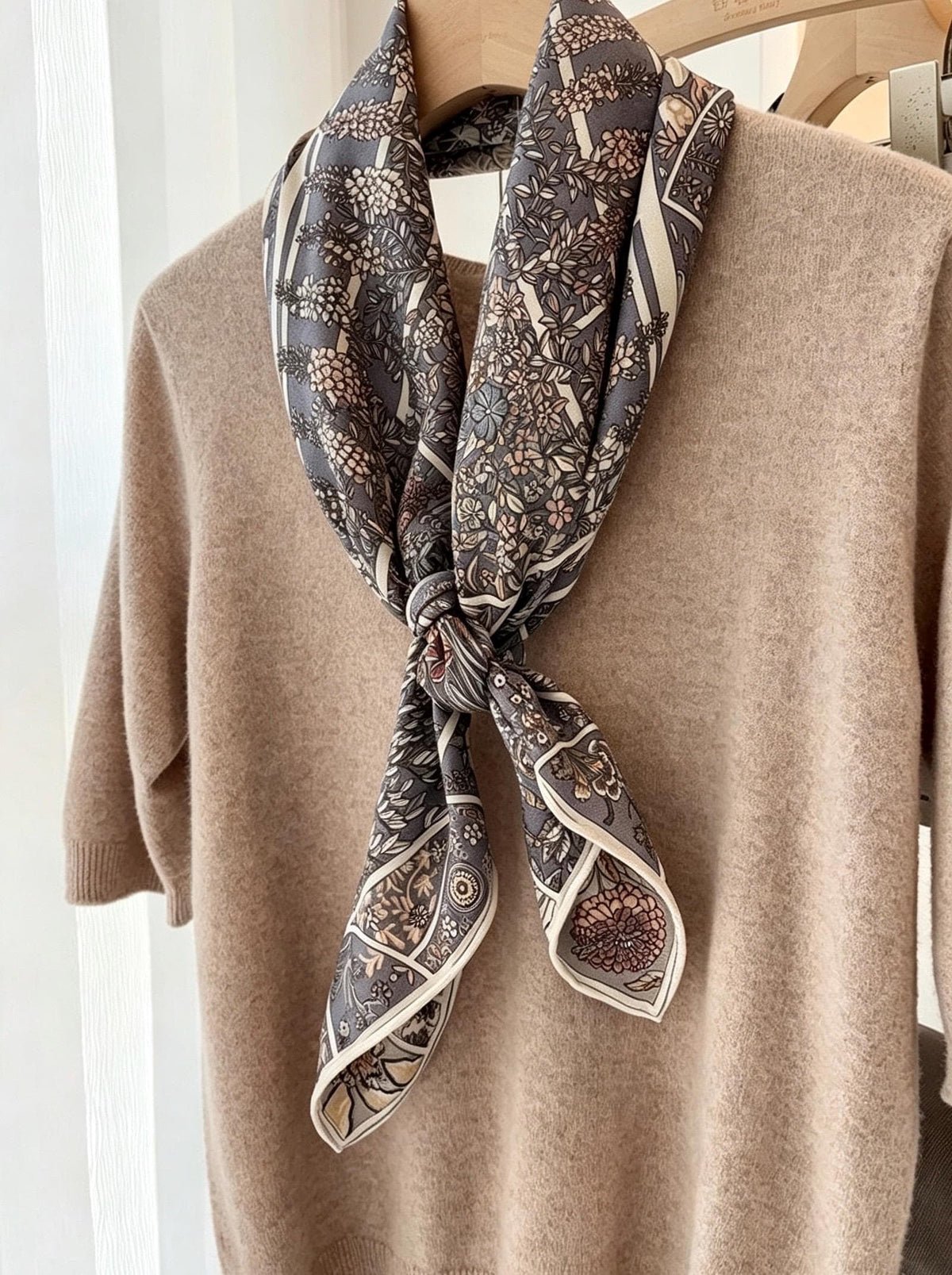 Silk Wool Scarf 35"x35" 88x88cm, Grey Monet Garden Square Scarf Shawl, Elegant Luxury Silk Wool Wrap, Gift for Her