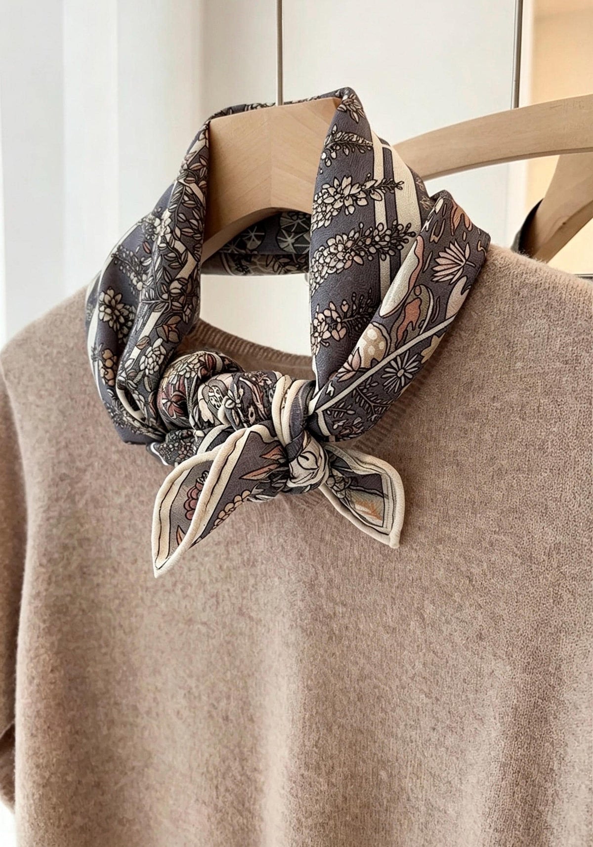 Silk Wool Scarf 35"x35" 88x88cm, Grey Monet Garden Square Scarf Shawl, Elegant Luxury Silk Wool Wrap, Gift for Her