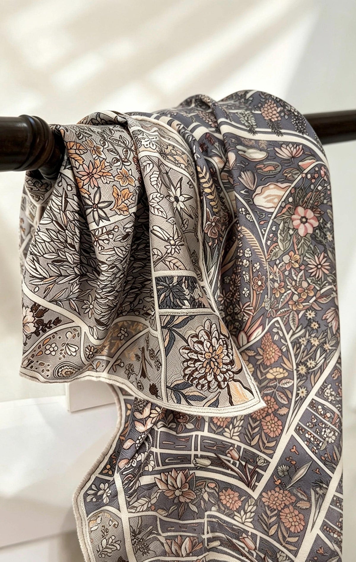 Silk Wool Scarf 35"x35" 88x88cm, Grey Monet Garden Square Scarf Shawl, Elegant Luxury Silk Wool Wrap, Gift for Her