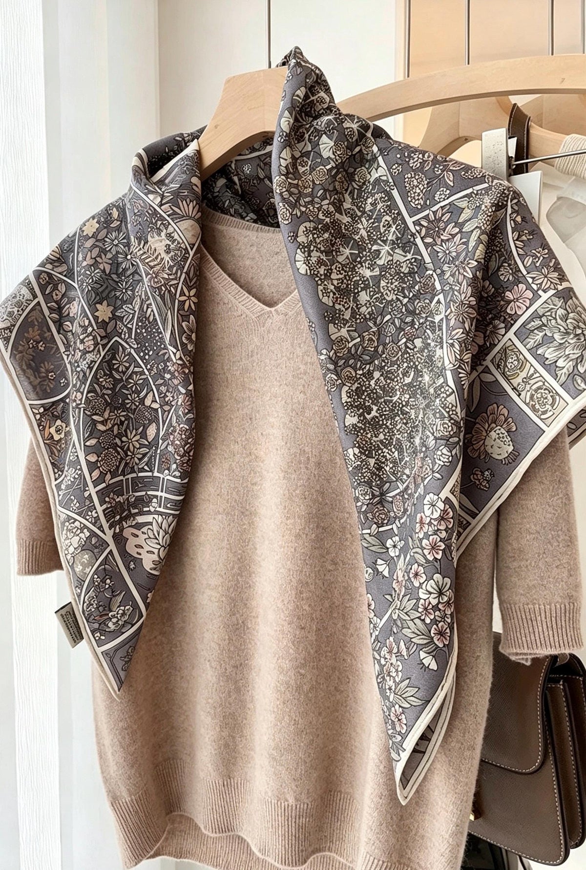 Silk Wool Scarf 35"x35" 88x88cm, Grey Monet Garden Square Scarf Shawl, Elegant Luxury Silk Wool Wrap, Gift for Her