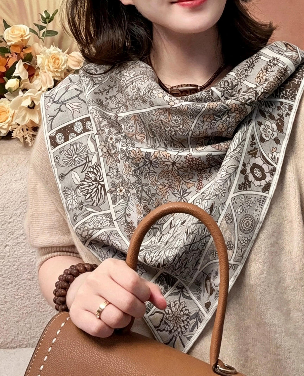 Silk Wool Scarf 35"x35" 88x88cm, Grey Monet Garden Square Scarf Shawl, Elegant Luxury Silk Wool Wrap, Gift for Her