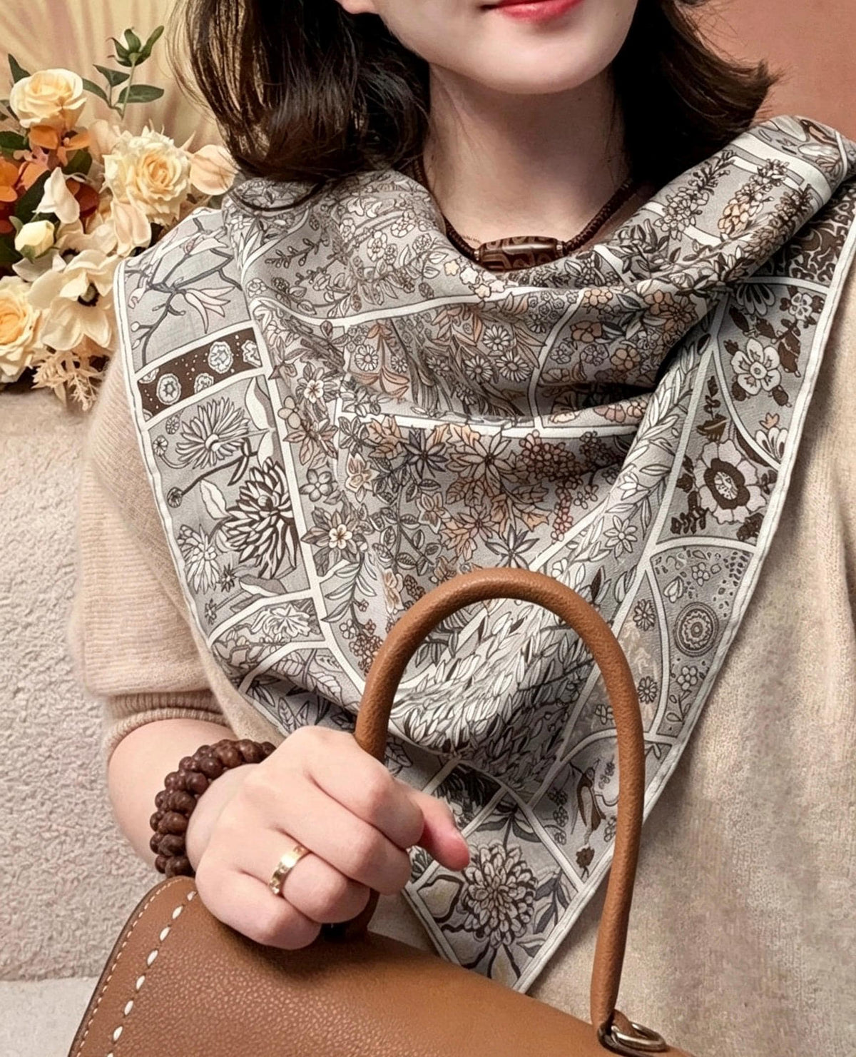 Silk Wool Scarf 35"x35" 88x88cm, Grey Monet Garden Square Scarf Shawl, Elegant Luxury Silk Wool Wrap, Gift for Her