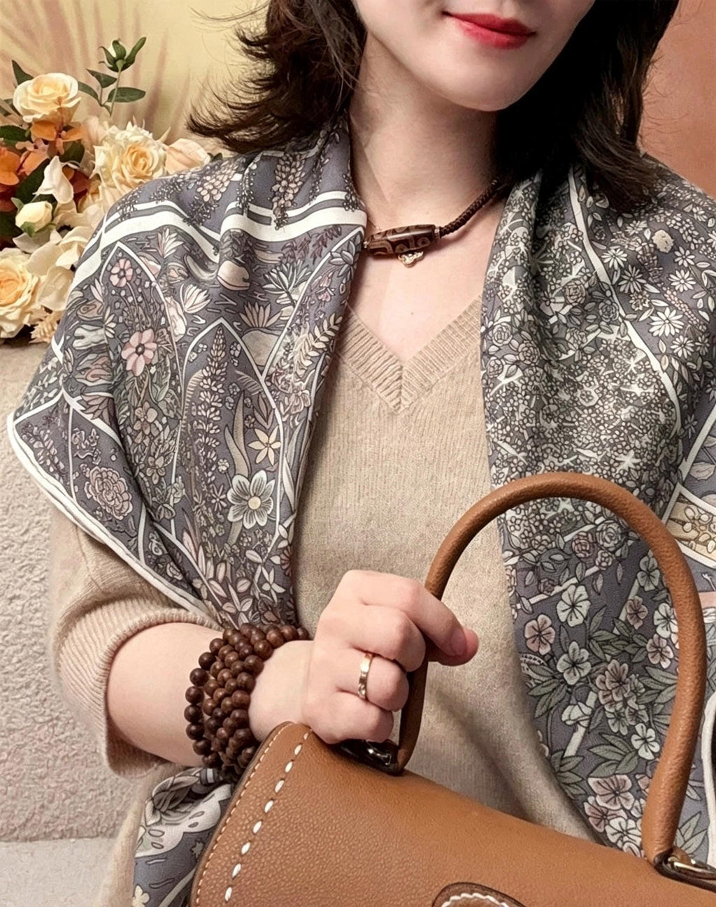 Silk Wool Scarf 35"x35" 88x88cm, Grey Monet Garden Square Scarf Shawl, Elegant Luxury Silk Wool Wrap, Gift for Her