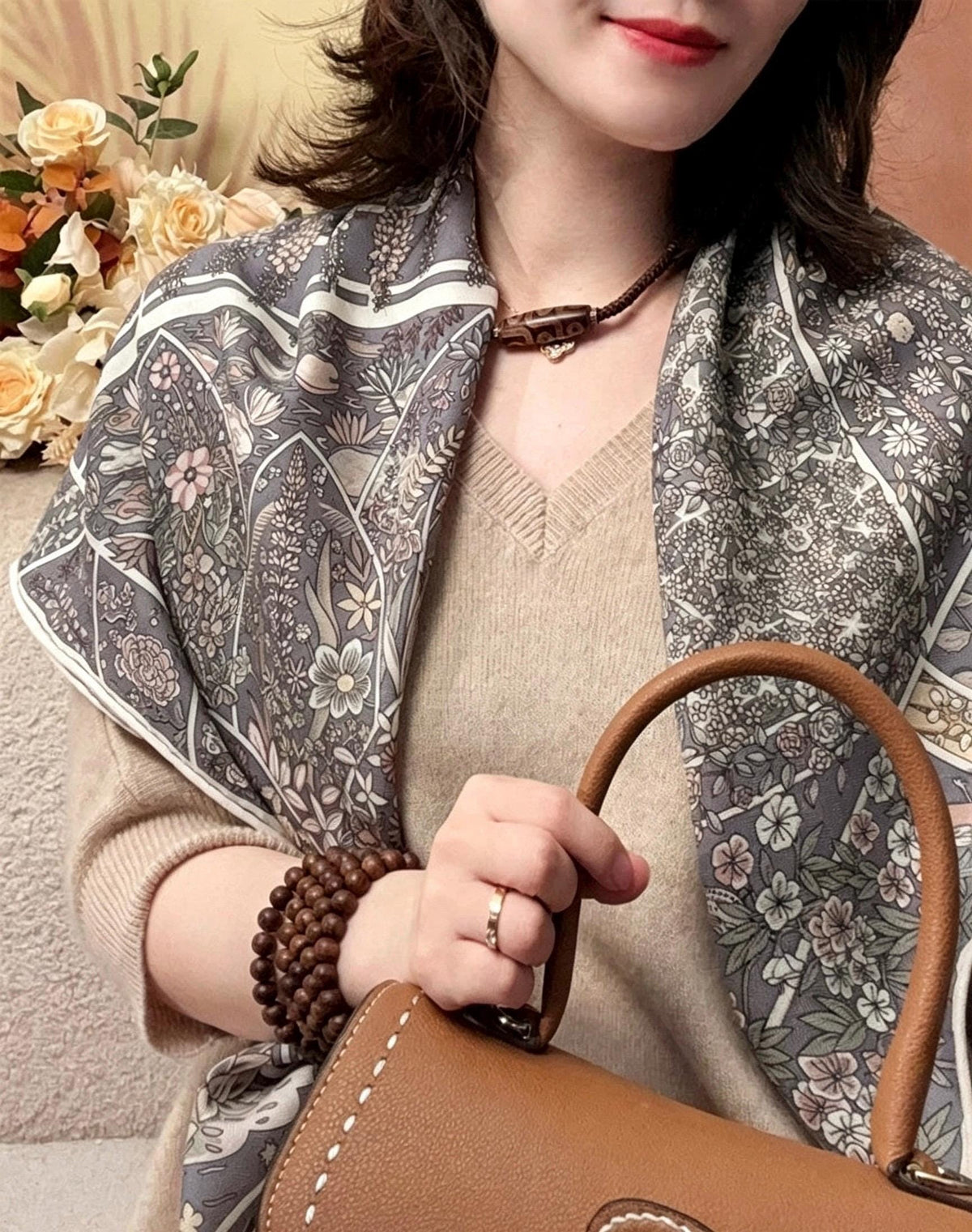 Silk Wool Scarf 35"x35" 88x88cm, Grey Monet Garden Square Scarf Shawl, Elegant Luxury Silk Wool Wrap, Gift for Her