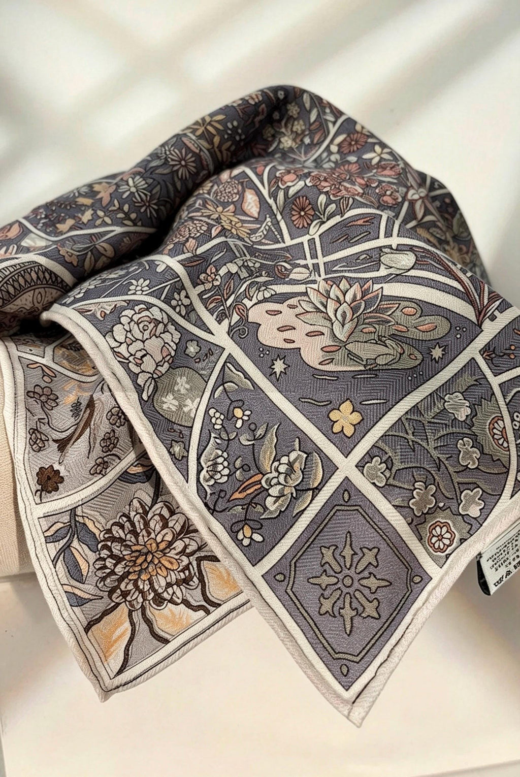 Silk Wool Scarf 35"x35" 88x88cm, Grey Monet Garden Square Scarf Shawl, Elegant Luxury Silk Wool Wrap, Gift for Her