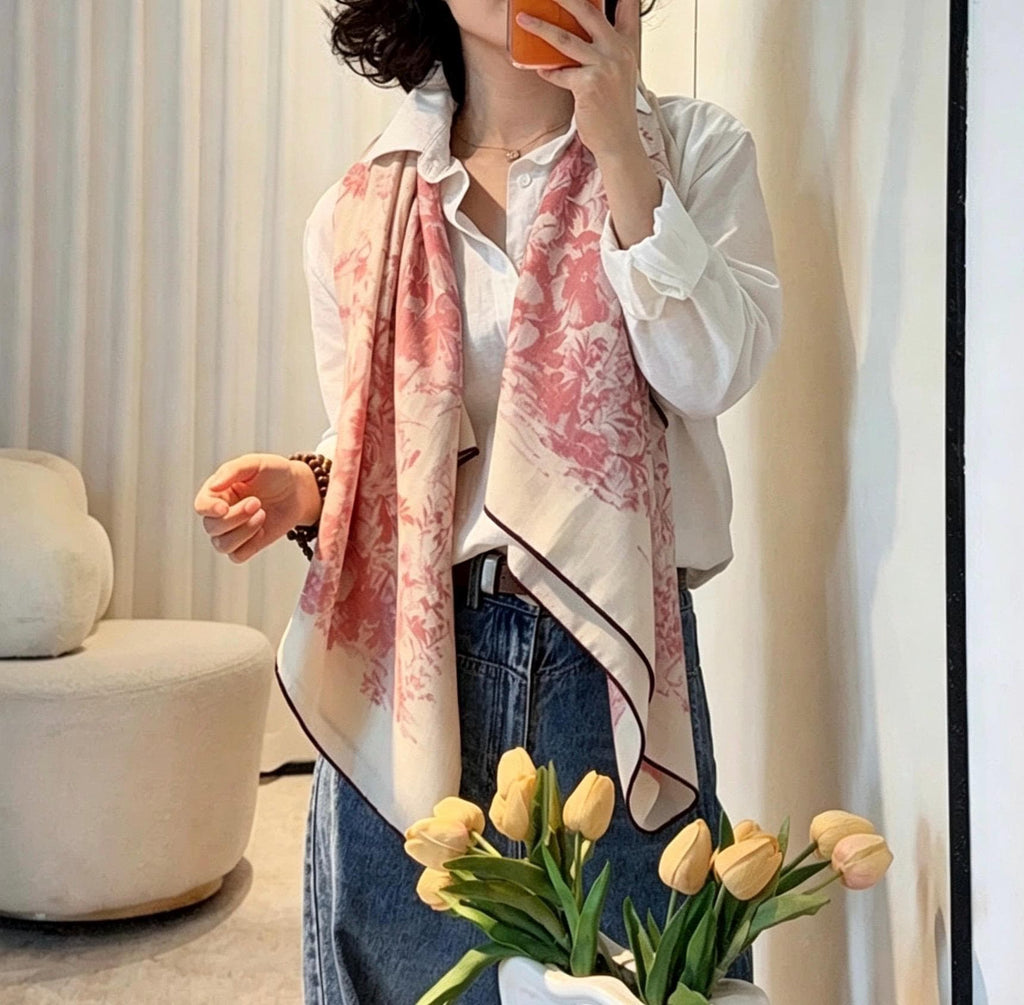 Silk Wool Scarf 53"x53" 135x135cm, Muted Pastel Pink Garden Floral Silk Wool Square Scarf, Winter Soft Shawl Wrap, Gift for Her