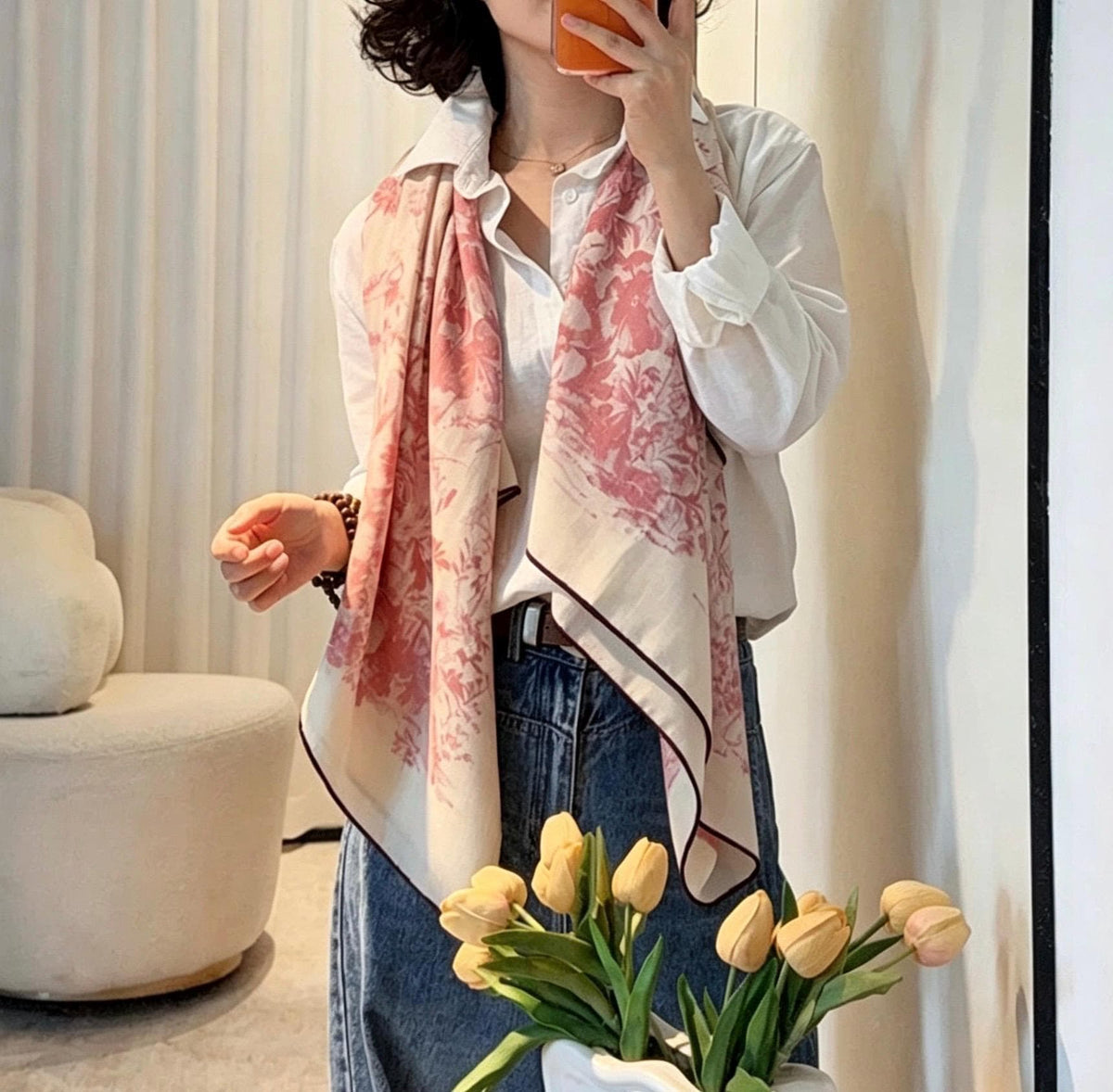 Silk Wool Scarf 53"x53" 135x135cm, Muted Pastel Pink Garden Floral Silk Wool Square Scarf, Winter Soft Shawl Wrap, Gift for Her