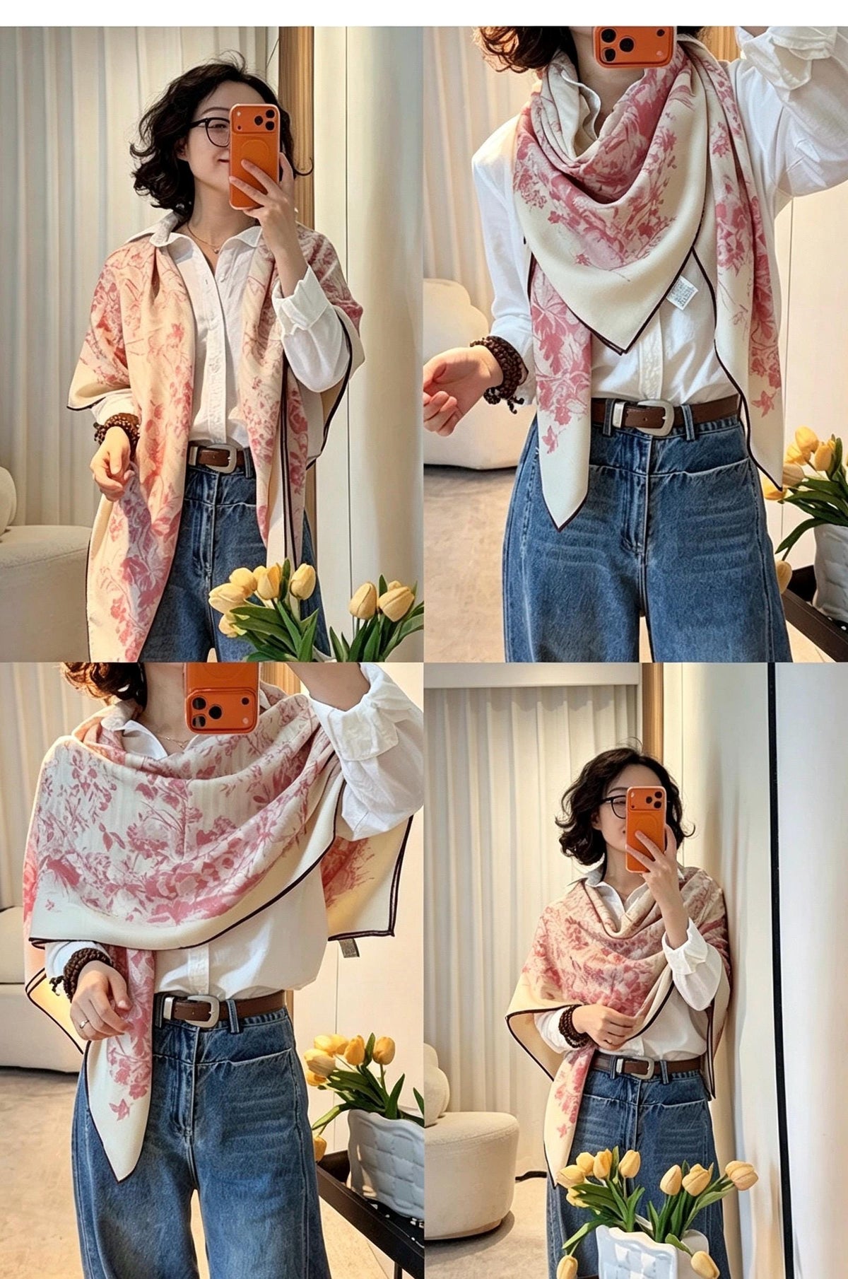 Silk Wool Scarf 53"x53" 135x135cm, Muted Pastel Pink Garden Floral Silk Wool Square Scarf, Winter Soft Shawl Wrap, Gift for Her