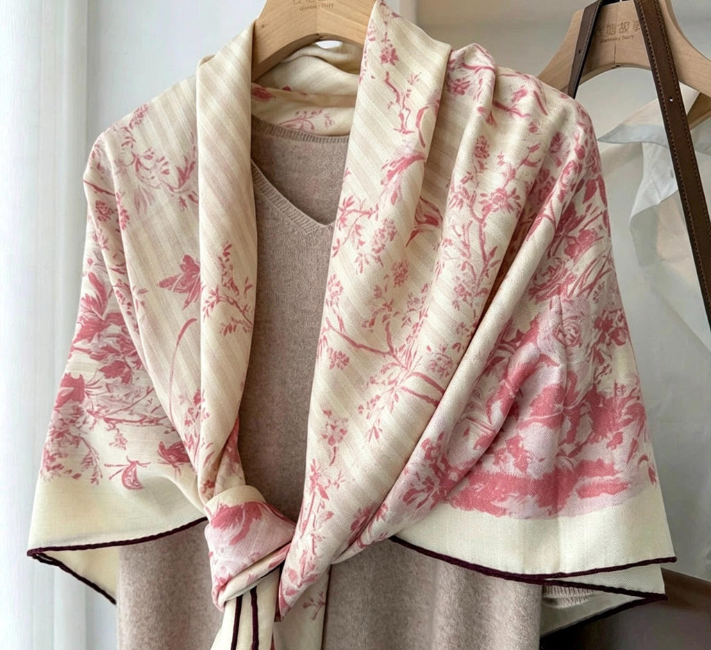 Silk Wool Scarf 53"x53" 135x135cm, Muted Pastel Pink Garden Floral Silk Wool Square Scarf, Winter Soft Shawl Wrap, Gift for Her