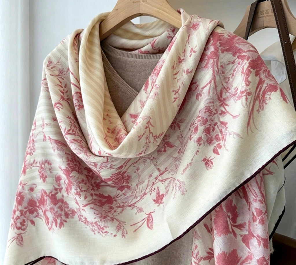 Silk Wool Scarf 53"x53" 135x135cm, Muted Pastel Pink Garden Floral Silk Wool Square Scarf, Winter Soft Shawl Wrap, Gift for Her