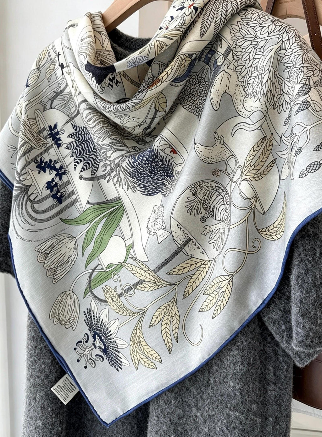Silk Wool Scarf 53"x53" 135x135cm, Muted Dust Blue Exotic Paradise Silk Wool Square Scarf, Winter Soft Shawl Wrap, Gift for Her