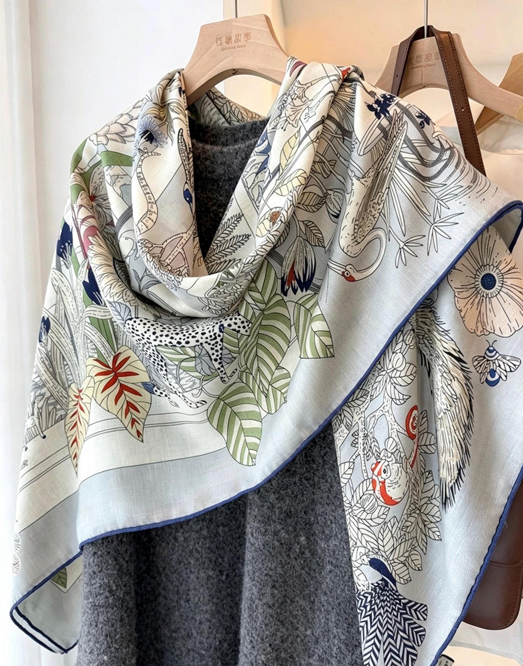 Silk Wool Scarf 53"x53" 135x135cm, Muted Dust Blue Exotic Paradise Silk Wool Square Scarf, Winter Soft Shawl Wrap, Gift for Her