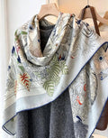 Silk Wool Scarf 53"x53" 135x135cm, Muted Dust Blue Exotic Paradise Silk Wool Square Scarf, Winter Soft Shawl Wrap, Gift for Her