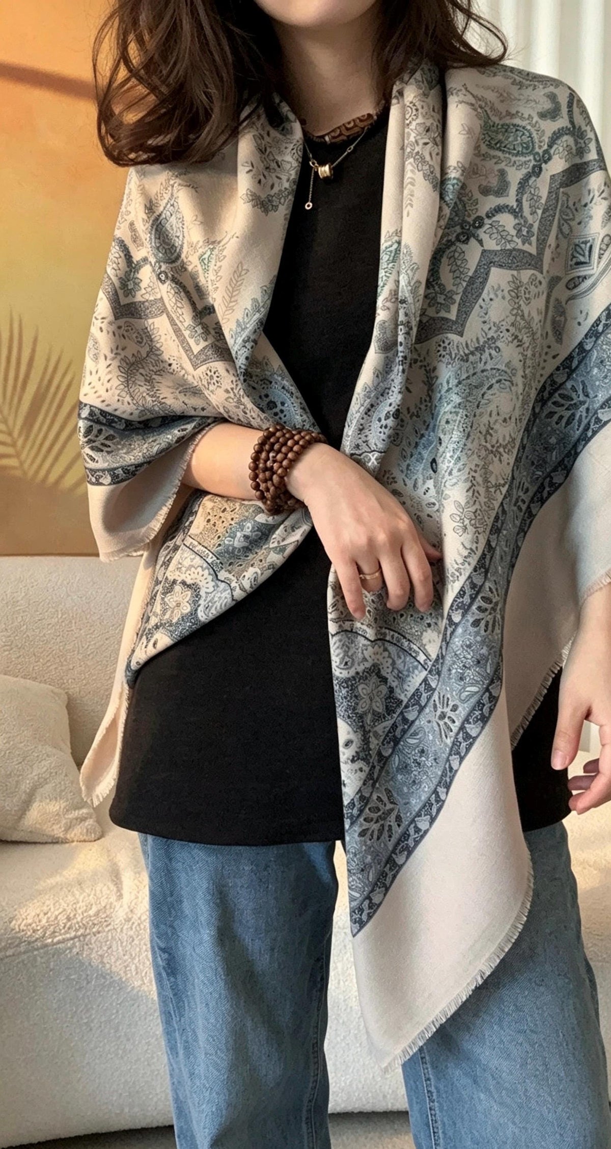 Silk Wool Scarf 53"x53" 135x135cm, Classic Paisley 2-in-1 Silk Wool Square Scarf Shawl, Winter Soft Dual-Use Wrap, Gift for Her
