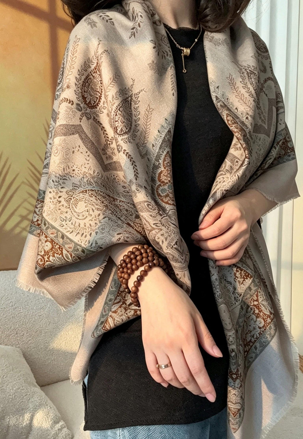 Silk Wool Scarf 53"x53" 135x135cm, Classic Paisley 2-in-1 Silk Wool Square Scarf Shawl, Winter Soft Dual-Use Wrap, Gift for Her