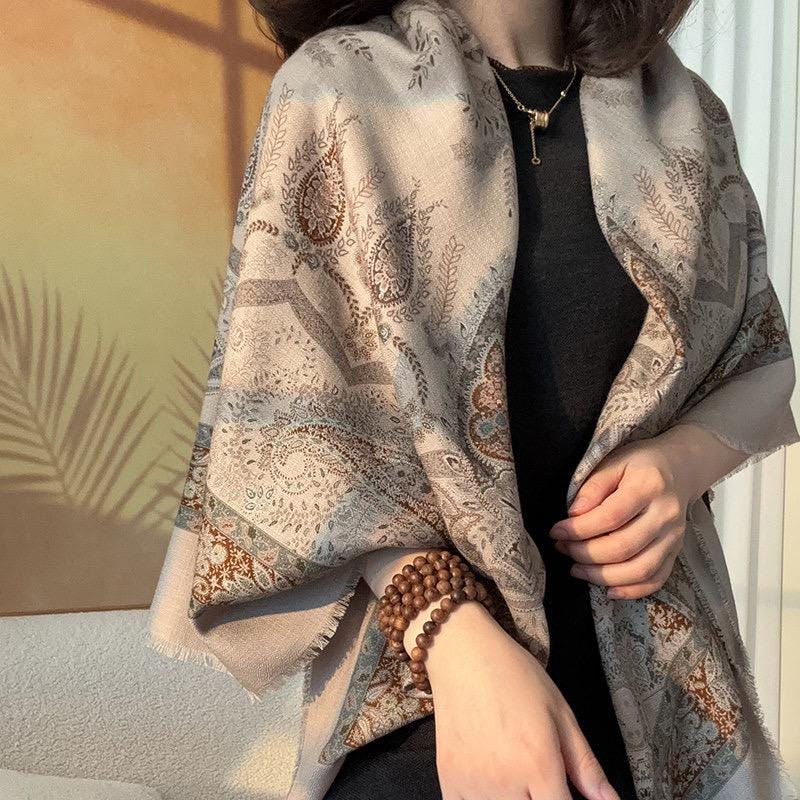 Silk Wool Scarf 53"x53" 135x135cm, Classic Paisley 2-in-1 Silk Wool Square Scarf Shawl, Winter Soft Dual-Use Wrap, Gift for Her