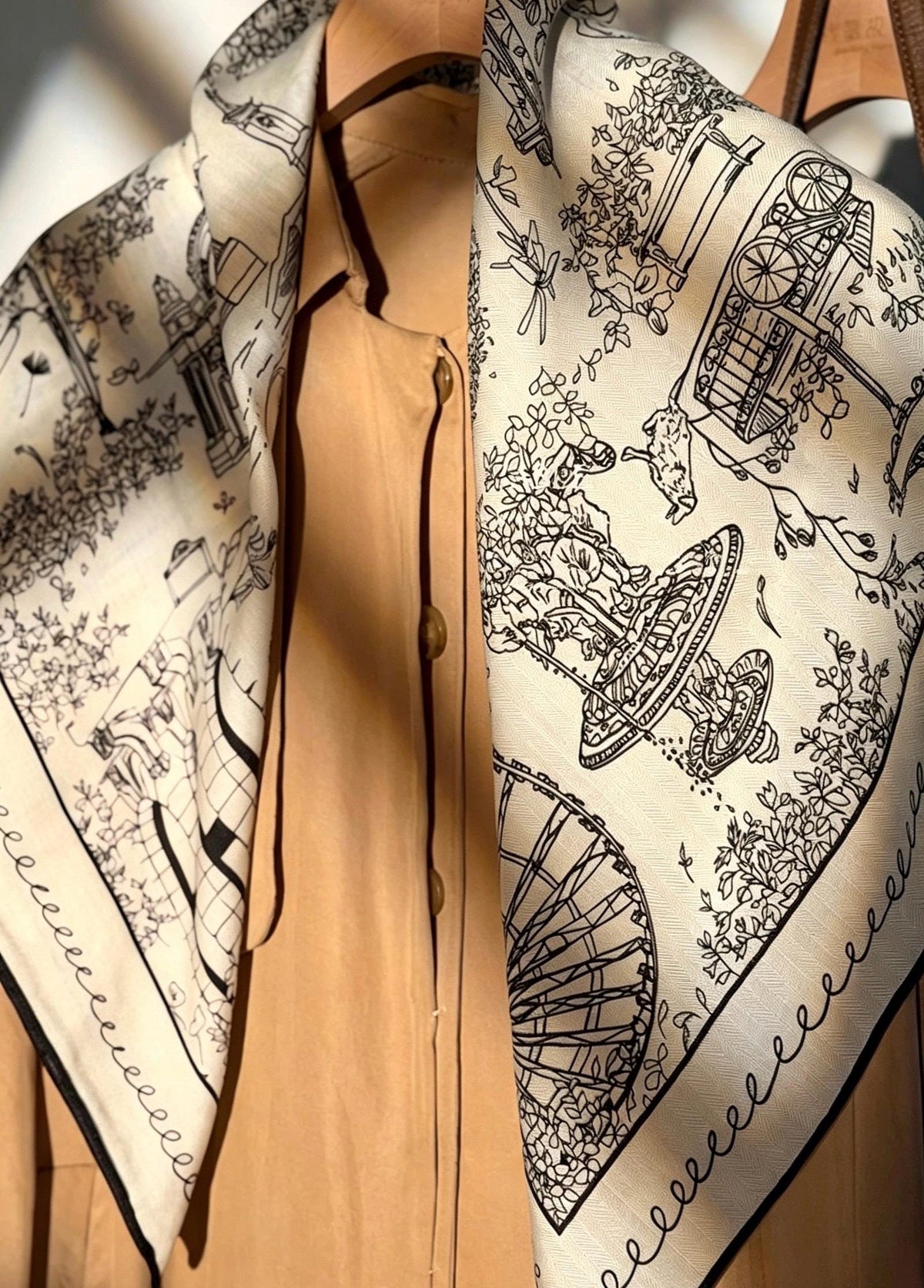 Silk Wool Scarf 35"x35" 88x88cm, French Sketch Art Mulberry Silk Square Scarf Minimalist Winter Warm Shawl Gift for Her