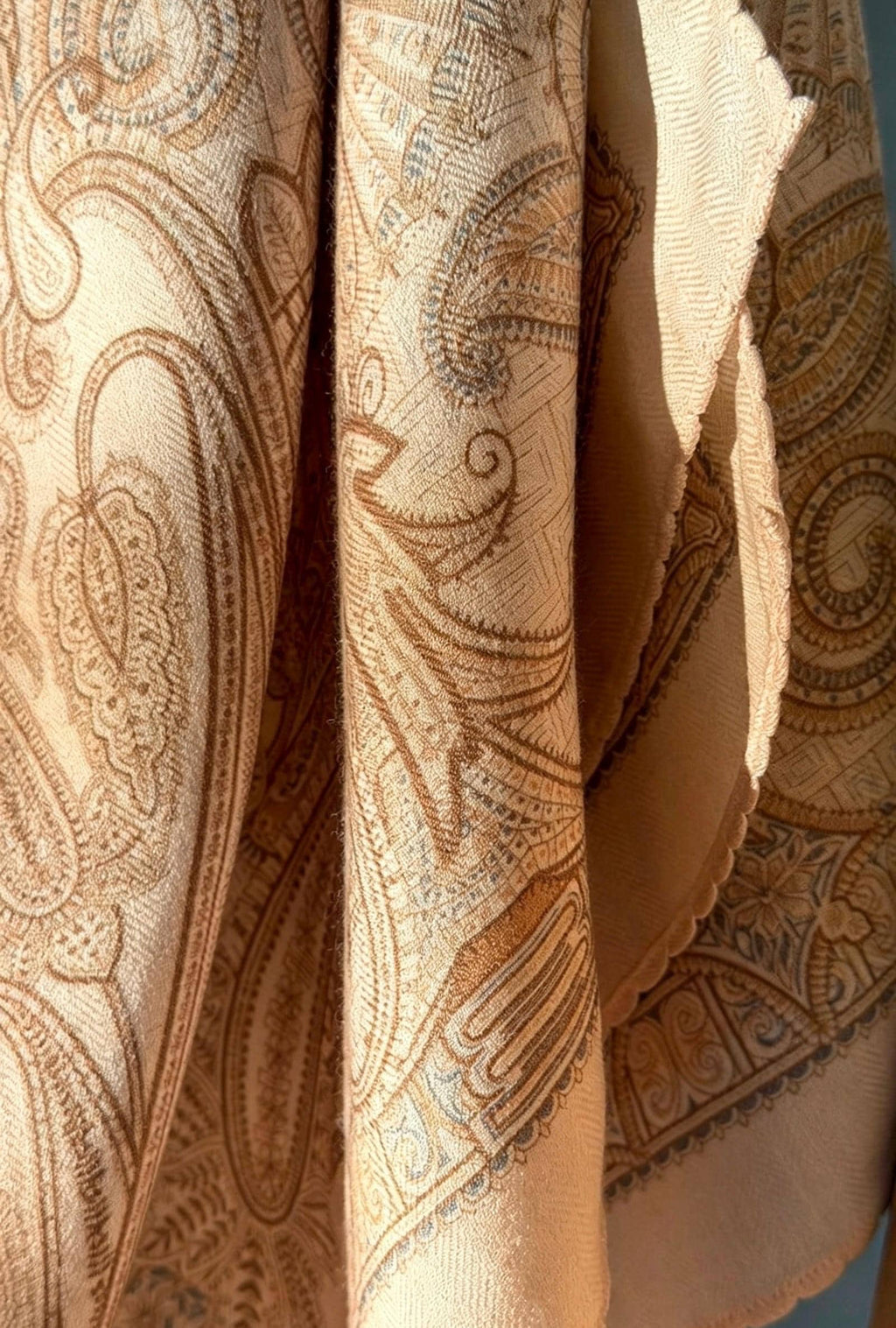 Silk Wool Scarf 35"x35" 88x88cm, Cream Beige Paisley Mulberry Silk Square Scarf French Retro Warm Shawl Gift for Her