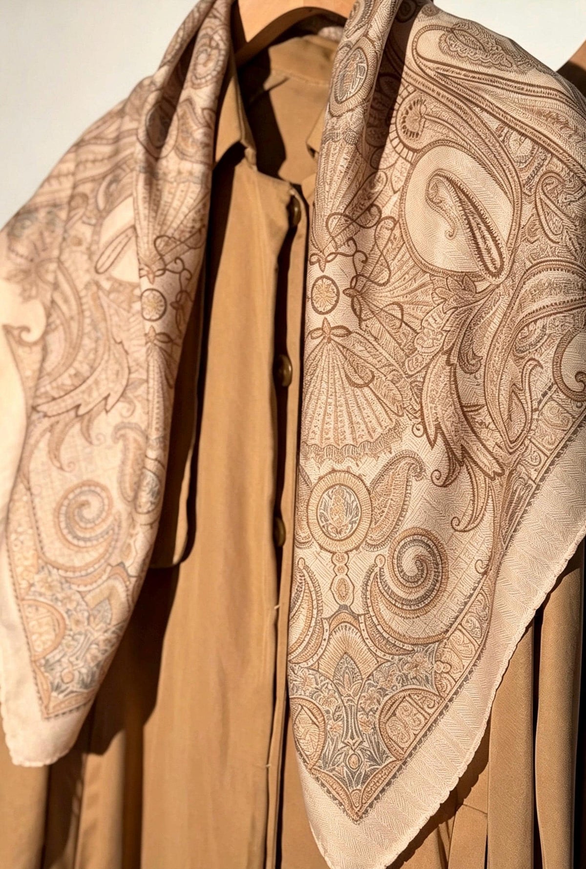 Silk Wool Scarf 35"x35" 88x88cm, Cream Beige Paisley Mulberry Silk Square Scarf French Retro Warm Shawl Gift for Her